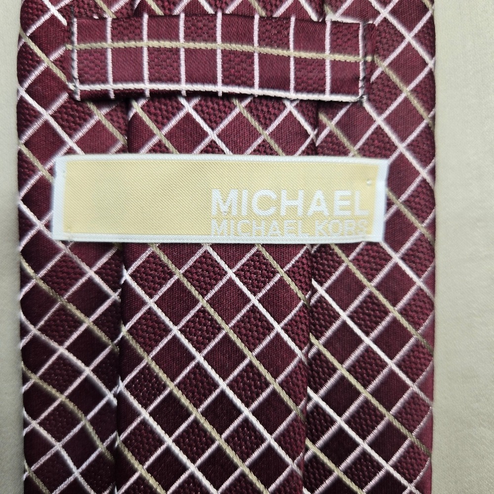 Michael Michael Kors Mens Silk Necktie Burgundy White Gold Grid Pattern 57x3.25 - Picture 4 of 9